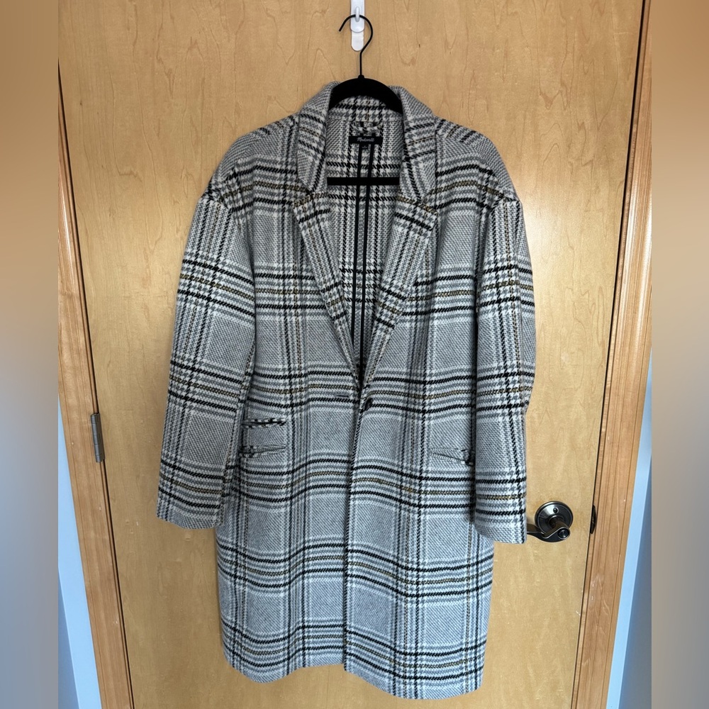 Madewell Gray Plaid Long Wool Coat
